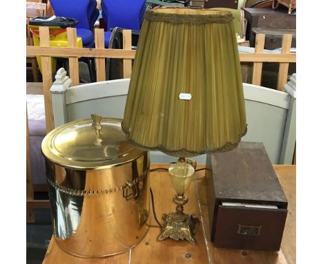 An onyx and gilt metal table lamp, brass bread bin, and filing drawer with unused record cards 