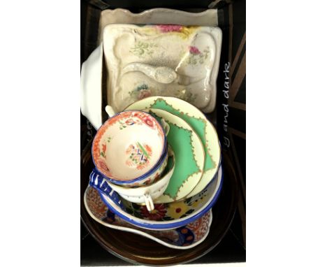 A mixed lot of ceramics to include a cheese cloche, Imari bowl, Quimper bowl, a yellow glass bowl, and some other teawares to