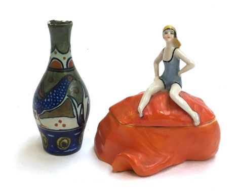 A small Liberty &amp; Co. vase decorated with a pheasant design (af), marked to base ' Liberty &amp; Co. Made in Holland 168/