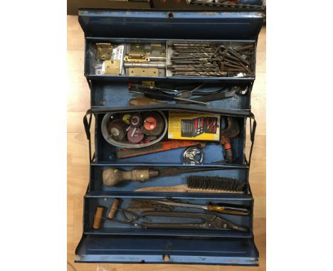 A vintage metal toolbox containing a quantity of drill bits and other tools 