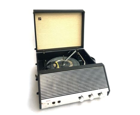 A Bush portable record player in black vinyl, with Garrard turntable 