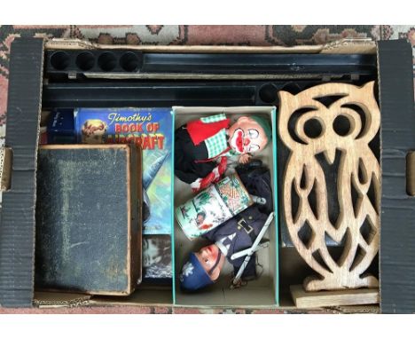 A mixed box to include puppets, boxed cutlery set, jewellery box, owl carving, etc. 