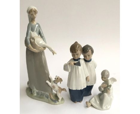 A selection of three NAO by Lladro figurines, girl holding duck with puppy at heels, 28cmH, two choir boys, 18cmH, and cherub