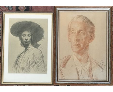 After Augustus John, portrait of a gentleman, 1944, 41x28cm; and a portrait of a lady in a hat, 33x23.5cm (2)