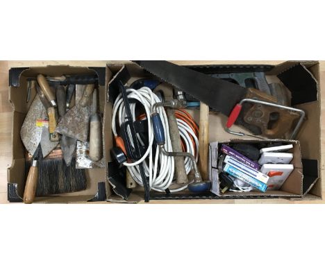 Two boxes of mixed tools, to include plasterer's tools, vintage saws, hand drill, hammers etc 