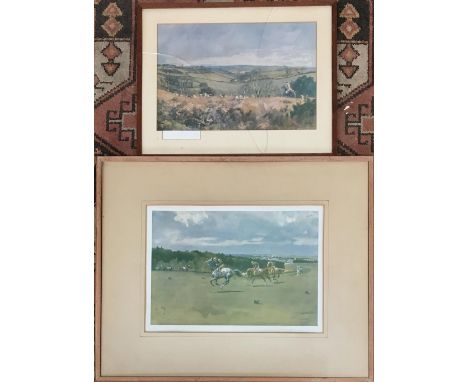 After Lionel Edwards, 'Morning Exercise Newmarket', 29x40cm, together with a fox hunting scene on Exmoor, signed in pencil lo