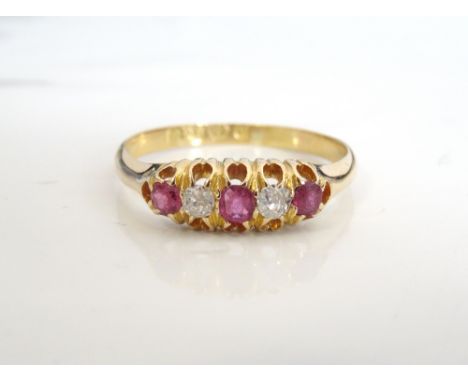 VICTORIAN RUBY AND DIAMOND FIVE STONE RINGon eighteen carat gold shank, ring size Q