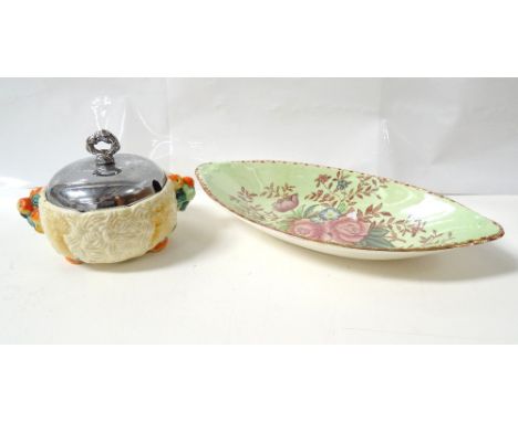 CLARICE CLIFF PRESERVE POTin the Celtic Harvest pattern, with a circular metal lid; together with a Maling Rosalind pattern o