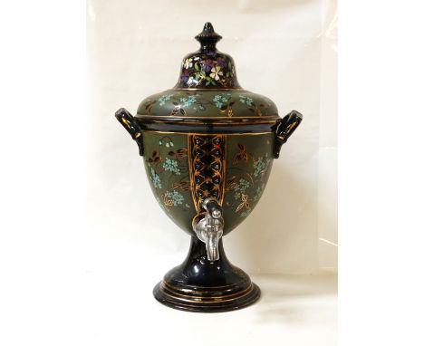 VICTORIAN CERAMIC SAMOVARurn shaped, with handpainted floral and gilt decoration, with cover, twin handles and white metal ta