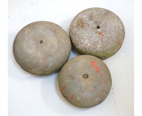 THREE VINTAGE GRANITE CURLING STONESsizes vary, handles lacking (3) 