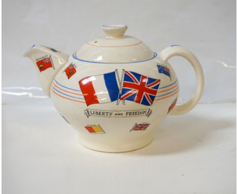 WWII PROPAGANDA CROWN DUCAL SOUVENIR CERAMIC TEAPOTthe body decorated with allied flags, worded panels and slogans including 