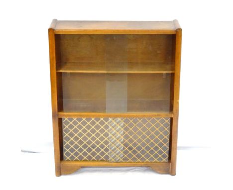 1950's OAK VENEERED BOOKCASEthe upper case with interior shelf, with upper and lower sliding glass doors, 89cm high x 70.5cm 