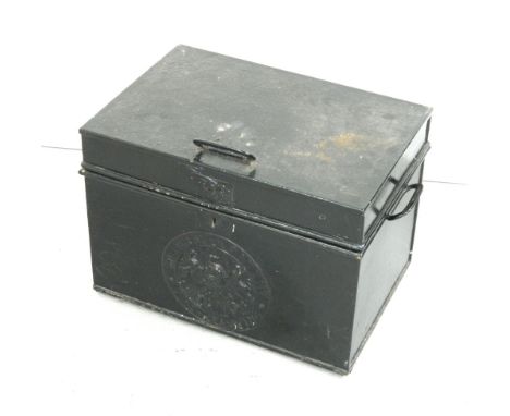 VINTAGE HEAVY METAL DEED BOXwith a handle to the lid and side carrying handles, 36cm high x 50cm wide x 34.5cm deep  