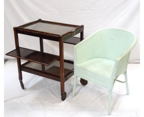 VINTAGE 'CELLUS' STAINED WOOD FOLDING TEA TROLLEYa 'Lusty Product', with two glazed serving trays and folding side trays, rai