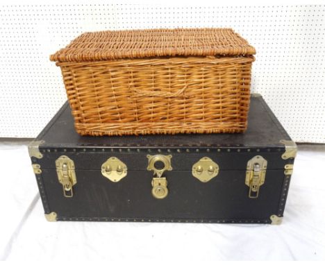 LARGE VINTAGE TRAVEL TRUNKwith reinforced corners and side carrying handles, 34cm high x 91cm wide x 49.5cm deep, together wi