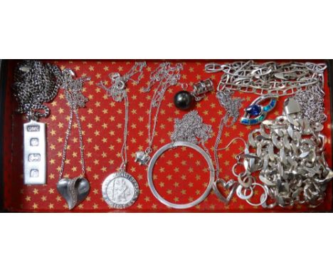 SELECTION OF SILVER PENDANTS AND NECK CHAINSincluding an ingot style pendant, a St Christopher pendant, a blue gem and synthe