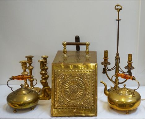 COLLECTION OF BRASSWAREcomprising a coal box, with carrying handle, hinged front and scoop, two Victorian brass toddy kettles