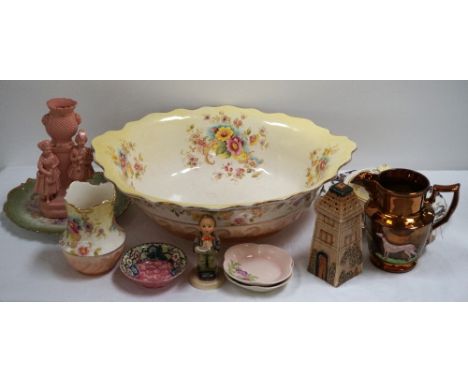 VICTORIAN COPPER LUSTRE WARE JUGdecorated in relief with a greyhound, cow and floral display, a Maling dish with floral decor