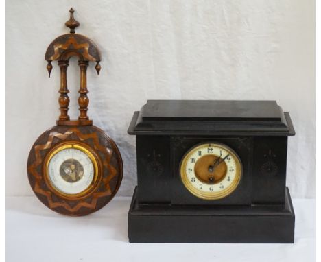 VICTORIAN BLACK SLATE MANTEL CLOCKof classical form, the dial with Arabic numerals, 24.5cm high x 31.5cm wide; together with 