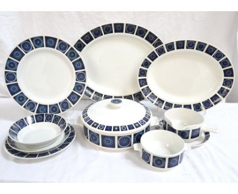 STAFFORDSHIRE MIDWINTER PATTERN DINNER SERVICEwith a geometric section blue border, comprising sixty five pieces 
