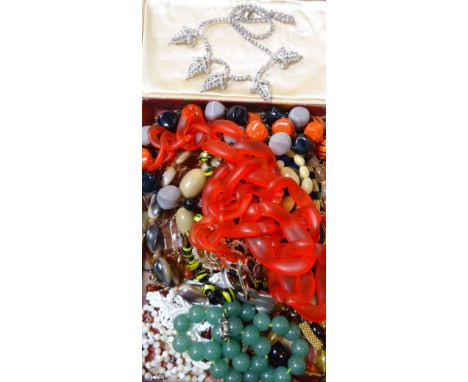 SELECTION OF COSTUME JEWELLERYincluding a boxed 1950s paste set cocktail necklace, a jade coloured hardstone bead necklace, v