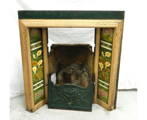 VICTORIAN CAST IRON FIRE SURROUNDwith overpainted detail, floral and stylised ceramic tiles to either side, 94.5cm high x 83c