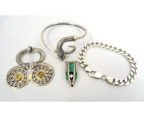 SELECTION OF SILVER JEWELLERYcomprising an unmarked silver brooch with relief decoration and set with yellow glass cabochons,