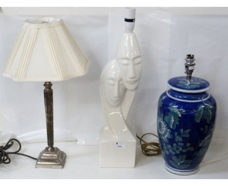 THREE MODERN TABLE LAMPSstyles vary, two ceramic and one metal, two with shades