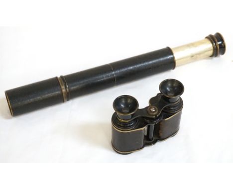 PAIR OF VINTAGE FIELD GLASSESwith a leather and velvet lined case, together with a period three draw telescope, 54cm extended