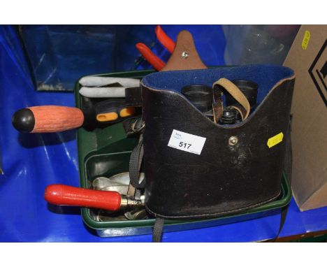 A pair of Tento binoculars, cased together with a small quantity of hand tools and flat ware