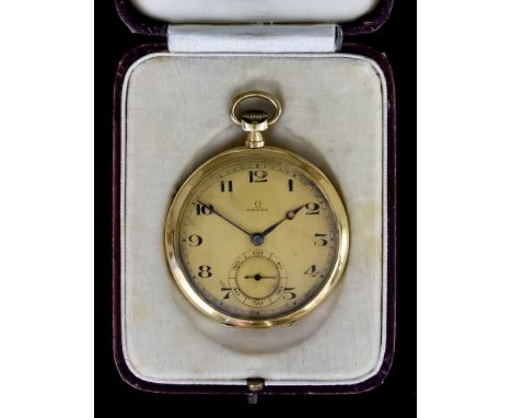 An 18ct Gold Half Hunting Case Keyless Pocket Watch, by Omega, 18ct gold case, 45mm diameter, with gold dust cover, inscribed