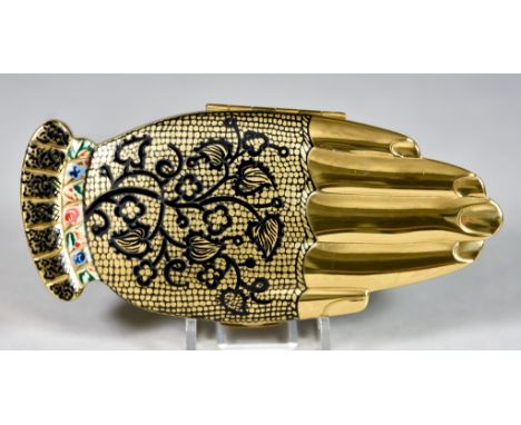 A Rare Volupte Hand Compact "Gay Nineties Mitt",  gold and black with multi coloured bracelet, with original pouch marked "Vo