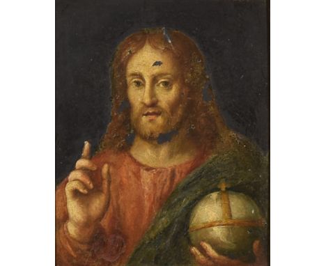 19th Century Continental School - Oil painting - Half-length portrait of Christ as Salvator Mundi, slate 6.25ins x 5ins, in g