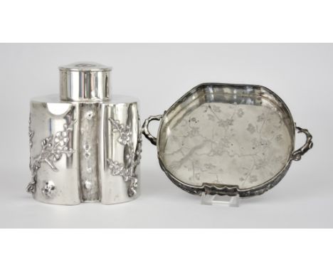A Chinese Silver Tea Caddy and Cover and a Small Tow-Handled Tray, each by Luen Wo of Shanghai, the tea caddy of shaped outli