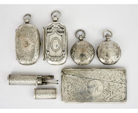 A Late Victorian Silver Rectangular Card Case and Mixed Silverware, the card case by Deakin &amp; Francis, Birmingham 1898, e