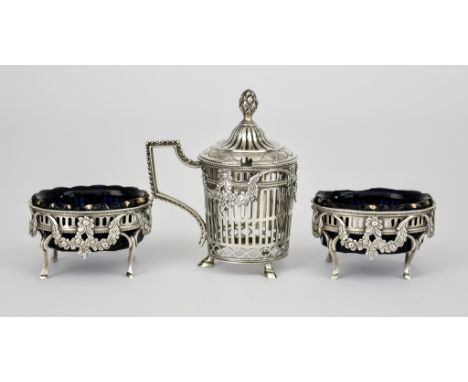 An 18th Century Dutch Silver Three-Piece Condiment Set of Neo Classical Design, bearing town mark for Bergen Op Zoom, with pi
