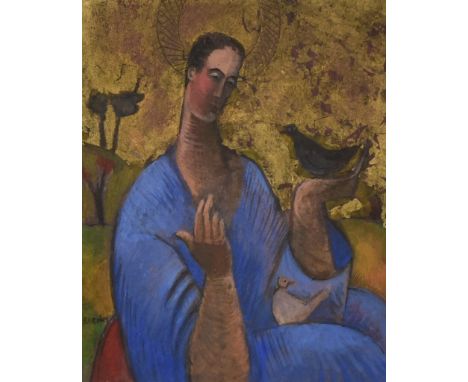 ***Jiri Borsky (Born 1945)  - Portrait of a seated Saint with birds, signed, 8.75ins x 7.25ins, framed and glazed