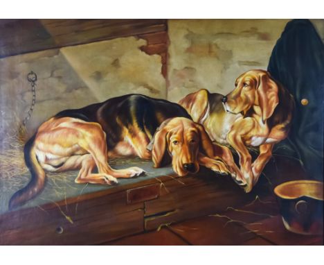 19th/Early 20th Century British School - Oil painting - Double portrait of two hounds resting in an outbuilding, canvas 27.5i