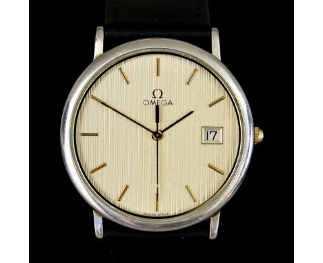 A Gentleman's Quartz Wristwatch by Omega, model De Ville, white metal case, 33mm diameter, champagne dial with gold baton num