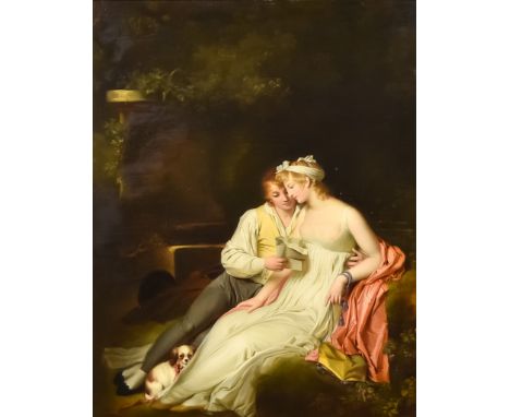 Studio of Francois Pascal Simon Gerard (1770-1837) - Oil painting - Portrait of young lovers in a garden reading a letter, wi