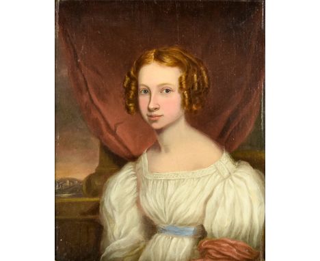 Early 19th Century English School - Oil painting - Half-length portrait of  a young woman with ringlets in her red hair, wear