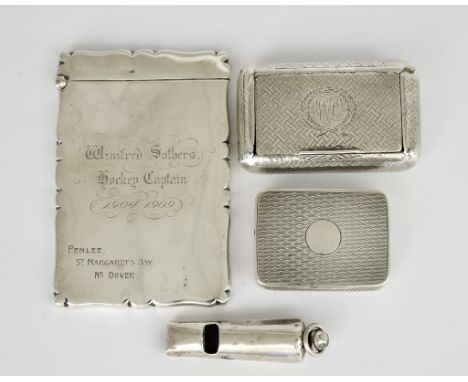 A George III Silver Snuff box and Mixed Silver Ware,  the snuff box by W.E, London, 1810, engraved with basket weave pattern 