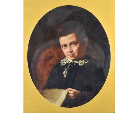 19th Century English School - Oil painting - Half length portrait of seated boy reading a newspaper, board 23ins x 18.5ins, i