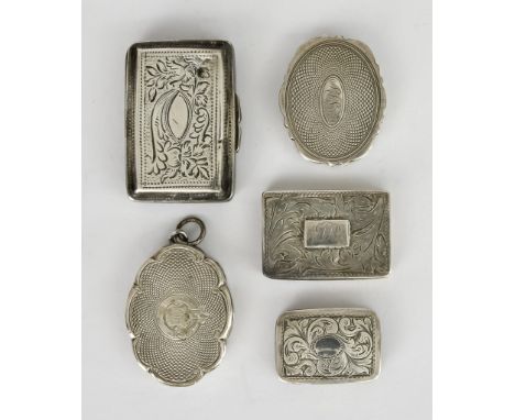 A Victorian Silver Oval Vinaigrette and Four Others, the oval by James Fenton, Birmingham 1864, of scroll outline and with en
