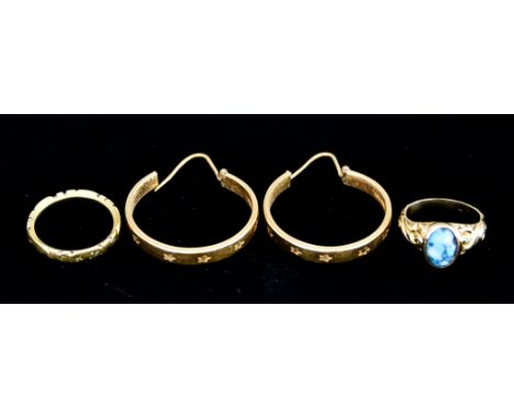 A Quantity of 18ct Gold, comprising - a pair of hoop earrings, for pierced ears, a wedding band, size O, and a turquoise set 