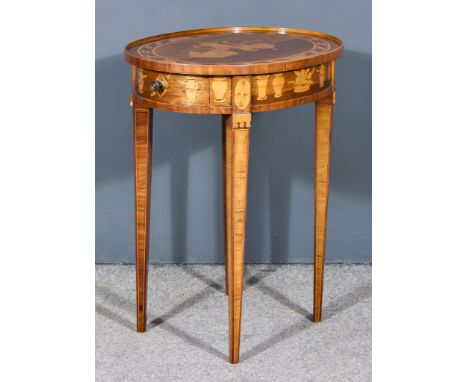 A Mahogany and Inlaid Tray Top Occasional Table, the top inlaid with book, urn, and fruit, fitted two frieze drawers, frieze 