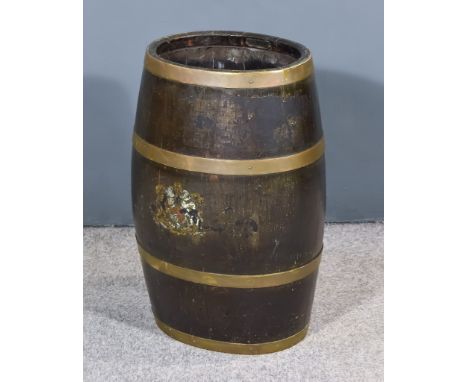 An English Coopered Oak Oval Barrel, Late 19th/Early 20th Century, with coloured transfer print of the Royal Arms, 23.75ins h