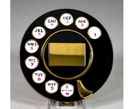 A Vintage Telephone Dial Powder Compact, 1950's, black enamel and gold tone, puff and sifter complete, 3.5ins diameter Proven