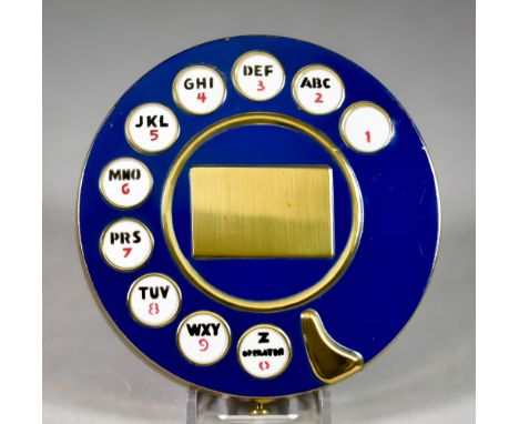 A Vintage Telephone Dial Powder Compact, 1950's, blue enamel and gold tone, puff and sifter complete,  3.5ins diameter Proven