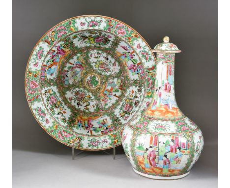 A Chinese Cantonese Porcelain Water Bottle, Stopper and Basin, 19th Century, enamelled in colours with alternating panels of 